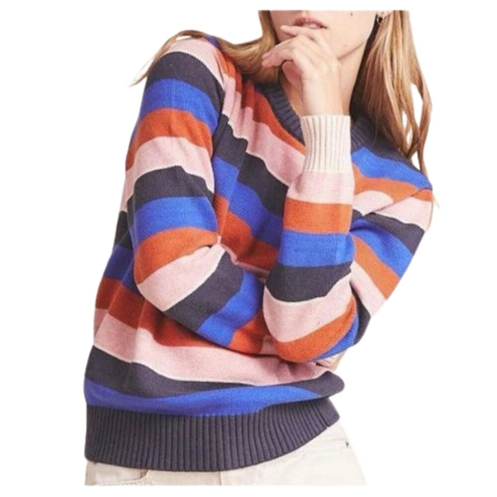 Trovata Barbara 100% Cotton Crewneck Sweater Geranium Stripe Medium NWT
